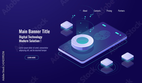 Fingerprint access, data security isometric icon, mobile phone screen, account protection concept, database and cloud storage dark neon