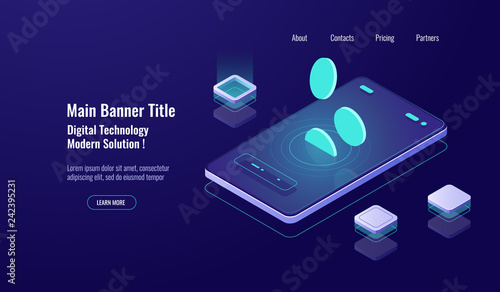 Online bank banking concept, mobile phone with falling coin, payment online, finance management dark neon