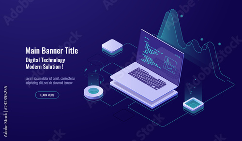 Programming concept isometric icon  laptop with program code on screen  data visualization dark neon