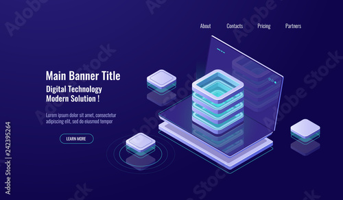 Server room, cloud storage isometric icon, database and datacenter, web hosting, Network or mainframe infrastructure website header layoutdark neon