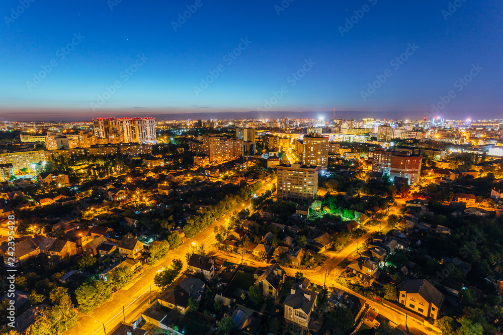 Night Voronezh aerial summer cityscape from rooftop. Residential area