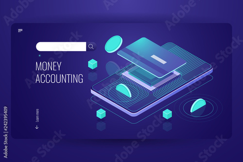 Online internet banking, mobile bank isometric, coin falls on credit plastic card, accounting capital money, cryptocurrency blockchain technology, payment concept vector