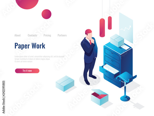 Paperwork isometric icon, man thought parses documents, planning and business Analytics, work with documents, vector