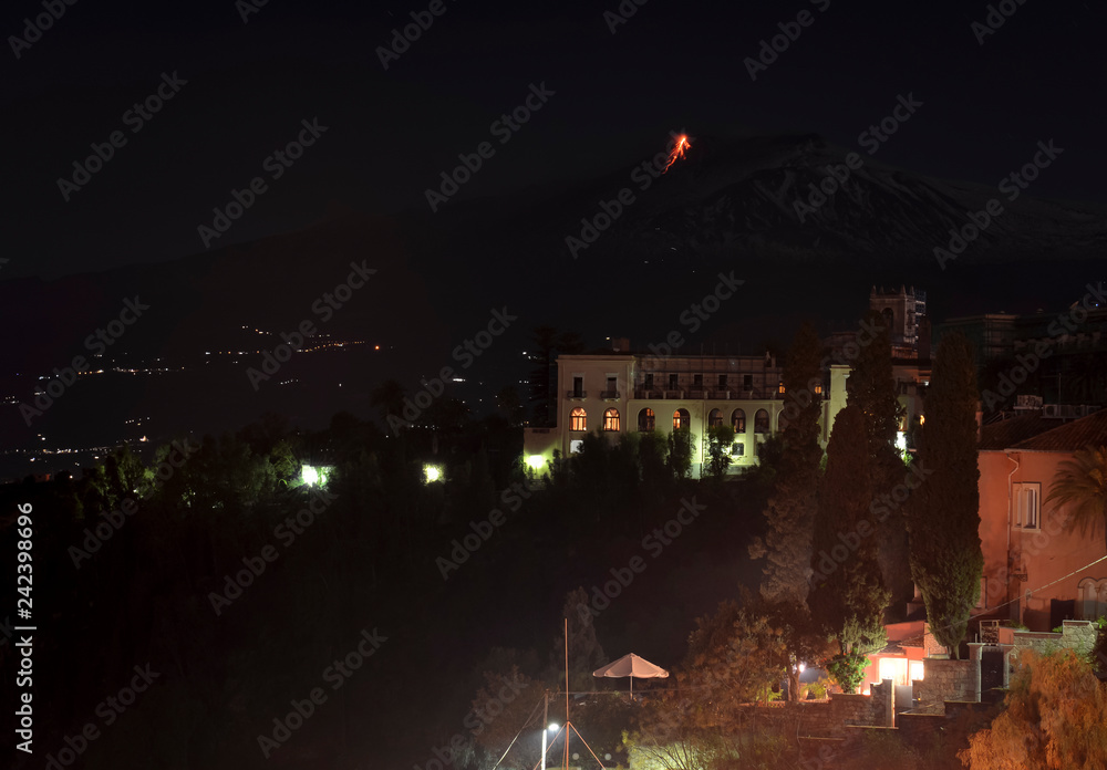 Night view of Mount Etna volcano with lava flow Sicily Italy Night view of Mount Etna volcano with lava flow Sicily Italy