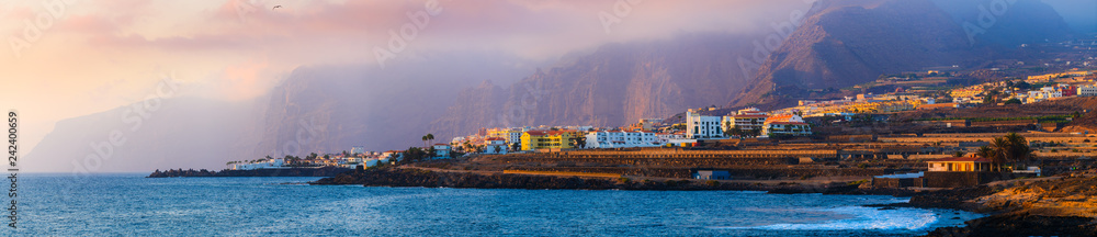 Stunning large panorama of the rocky coast near the cliffs of Los Gigantes.  Tenerife. Canary Islands..Spain