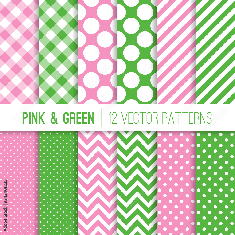 Preppy Green and Pink Gingham, Chevron, Polka Dots and Candy Stripes Seamless Vector Patterns. Modern Geometric Backgrounds. Repeating Pattern Tile Swatches Included.