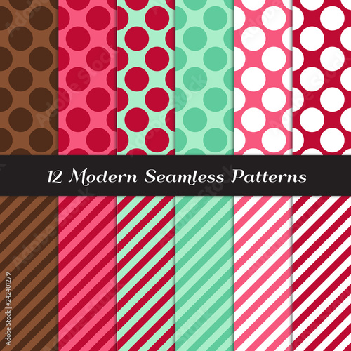 Mint, Chocolate Brown, Raspberry and Strawberry Pinks Jumbo Polka Dot and Candy Stripe Seamless Vector Patterns. Modern Christmas Background. Repeating Pattern Tile Swatches Included.