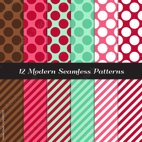 Mint, Chocolate Brown, Raspberry and Strawberry Pinks Jumbo Polka Dot and Candy Stripe Seamless Vector Patterns. Modern Christmas Background. Repeating Pattern Tile Swatches Included.