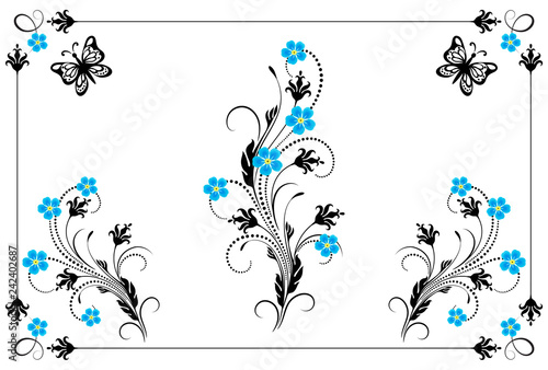 Set vintage ornament with forget me not flowers,  frame and decorative divider for greeting card