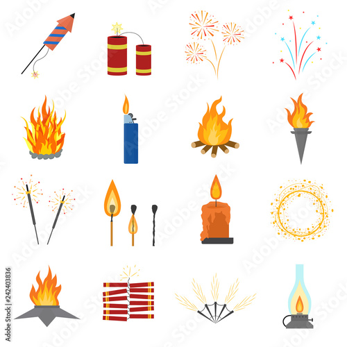 Cartoon Lights and Flames Signs Icon Set. Vector