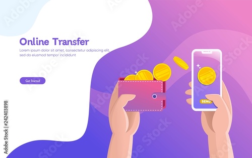 Online money transfer illustration vector illustration concept with hand holding smartphone and press send button ,  can use for, landing page, template, ui, web, mobile app, poster, banner, flyer