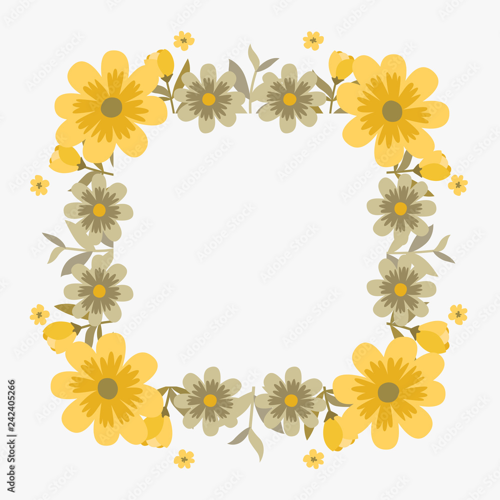 Floral greeting card and invitation template for wedding or birthday anniversary, Vector square shape of text box label and frame, Yellow cosmos flowers wreath ivy style with branch and leaves.