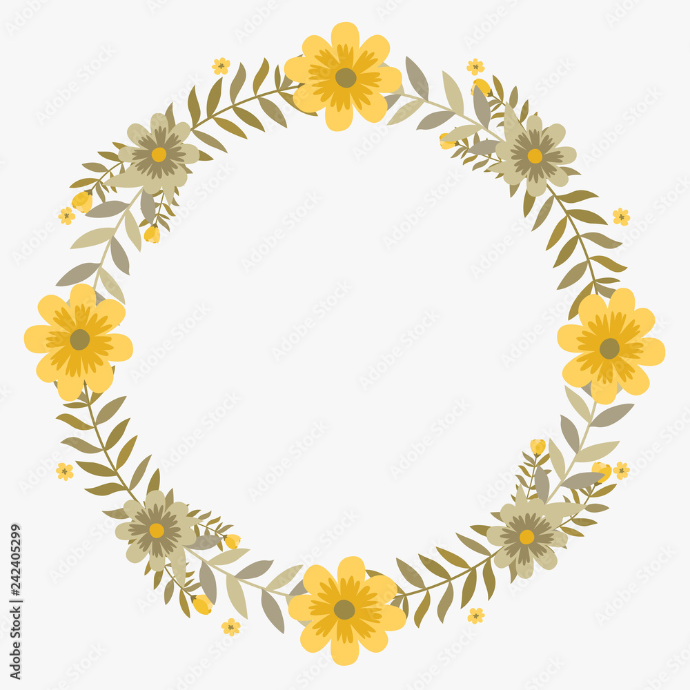 Floral greeting card and invitation template for wedding or birthday anniversary, Vector circle shape of text box label and frame, Yellow cosmos flowers wreath ivy style with branch and leaves. Floral greeting card and invitation template for wedding or birthday anniversary, Vector circle shape of text box label and frame, Yellow cosmos flowers wreath ivy style with branch and leaves.