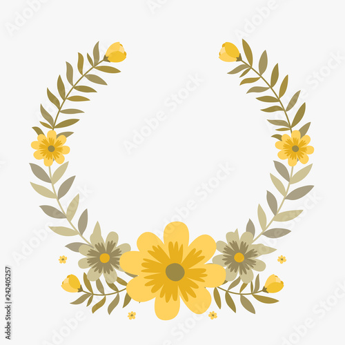Floral greeting card and invitation template for wedding or birthday anniversary, Vector circle shape of text box label and frame, Yellow cosmos flowers wreath ivy style with branch and leaves.