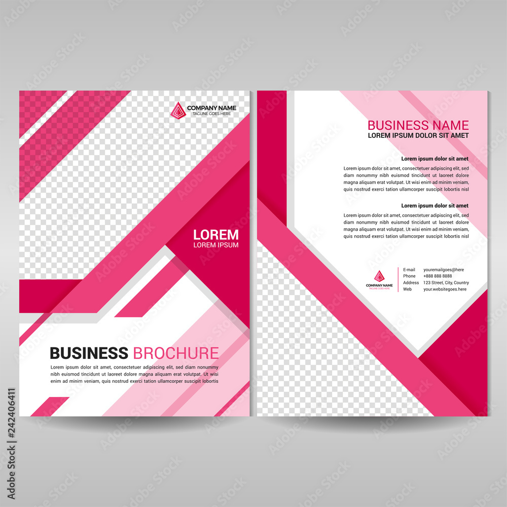 Business brochure template with pink geometric shapes. Annual report cover design, flyer, magazine in A4