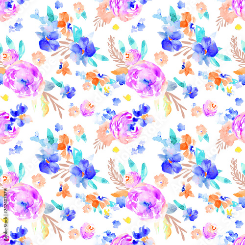 Wild  Colorful Watercolor Flower Pattern. Seamless Background Floral Wallpaper