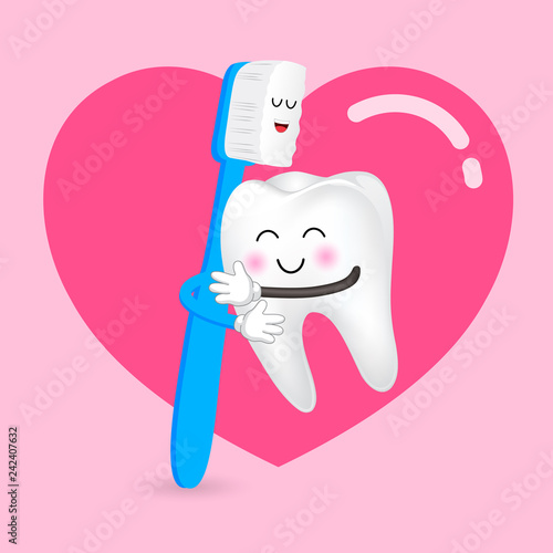 Cute cartoon tooth character hug with brush. Happy valentine's day. Vector illustration isolated on pink background.