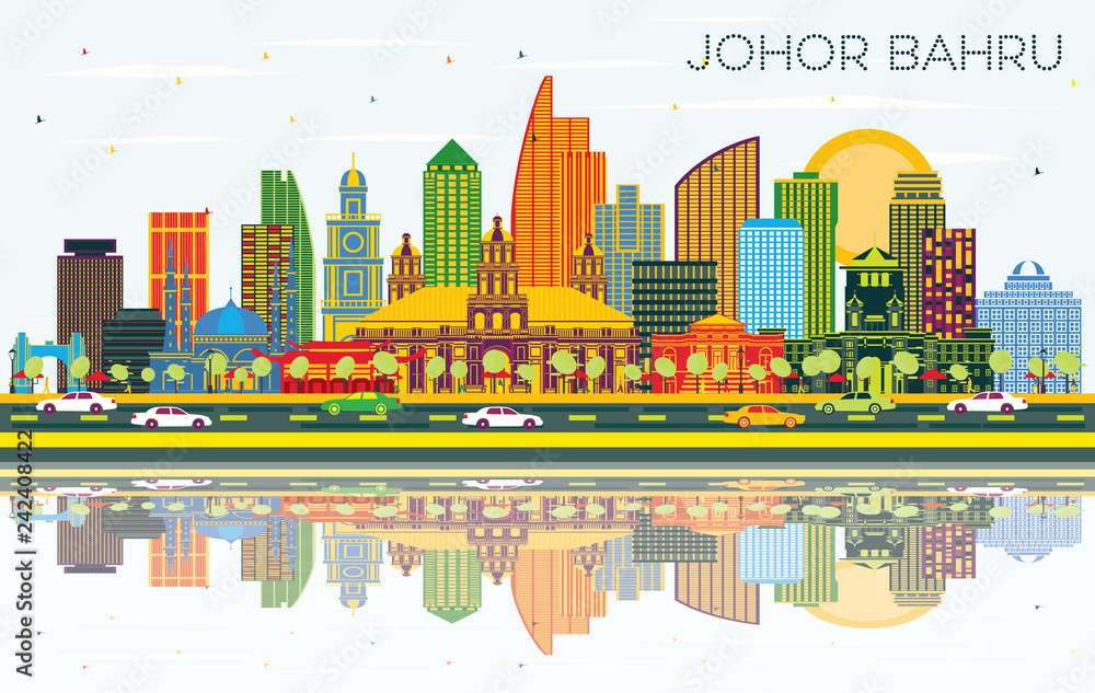 Johor Bahru Malaysia City Skyline with Color Buildings, Blue Sky and Reflections.