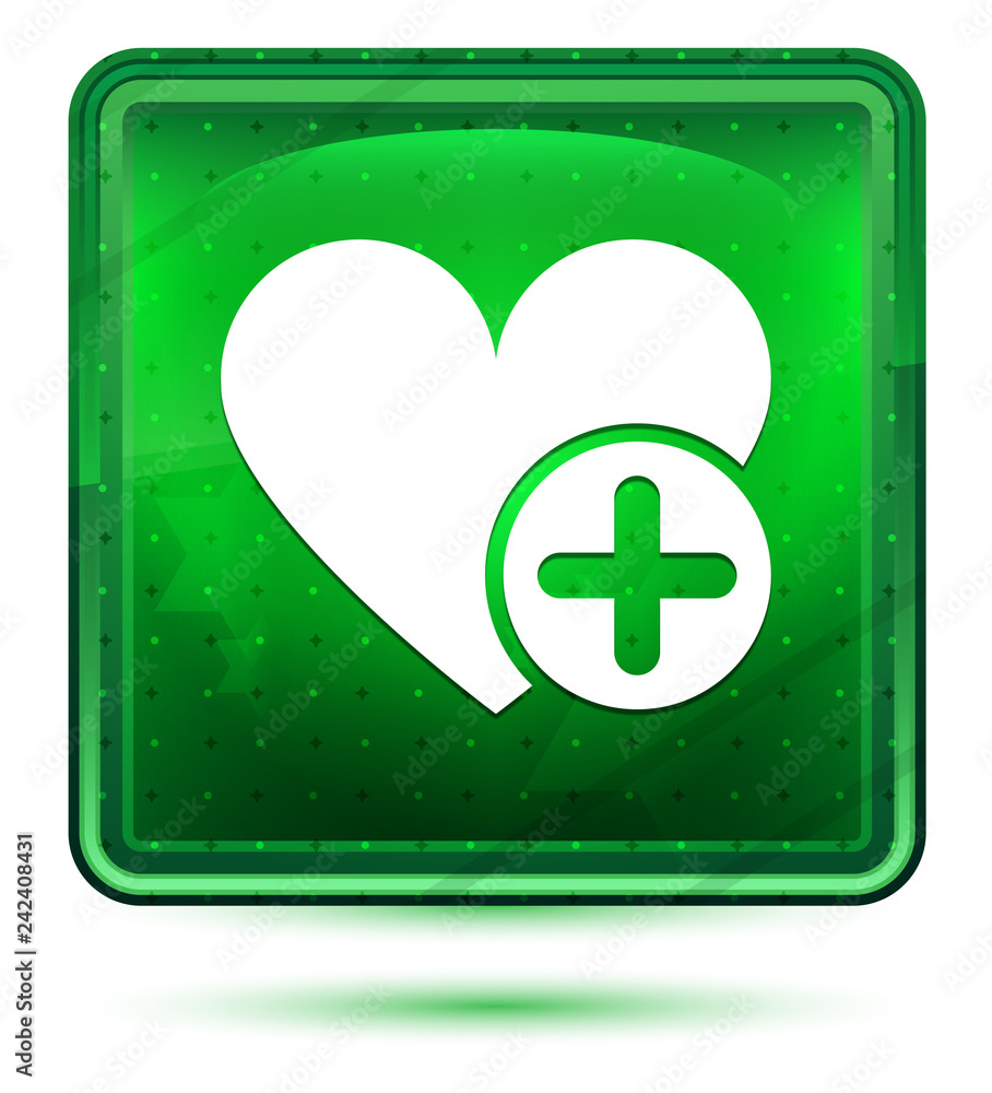 Add favorite heart icon neon light green square button Add favorite heart icon neon light green square button