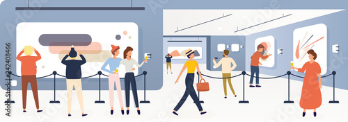 Exhibition Visitors, Tourists Viewing Modern Paintings in Contemporary Art Gallery or Biennale.