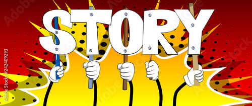 Diverse hands holding letters of the alphabet created the word Story. Vector illustration.