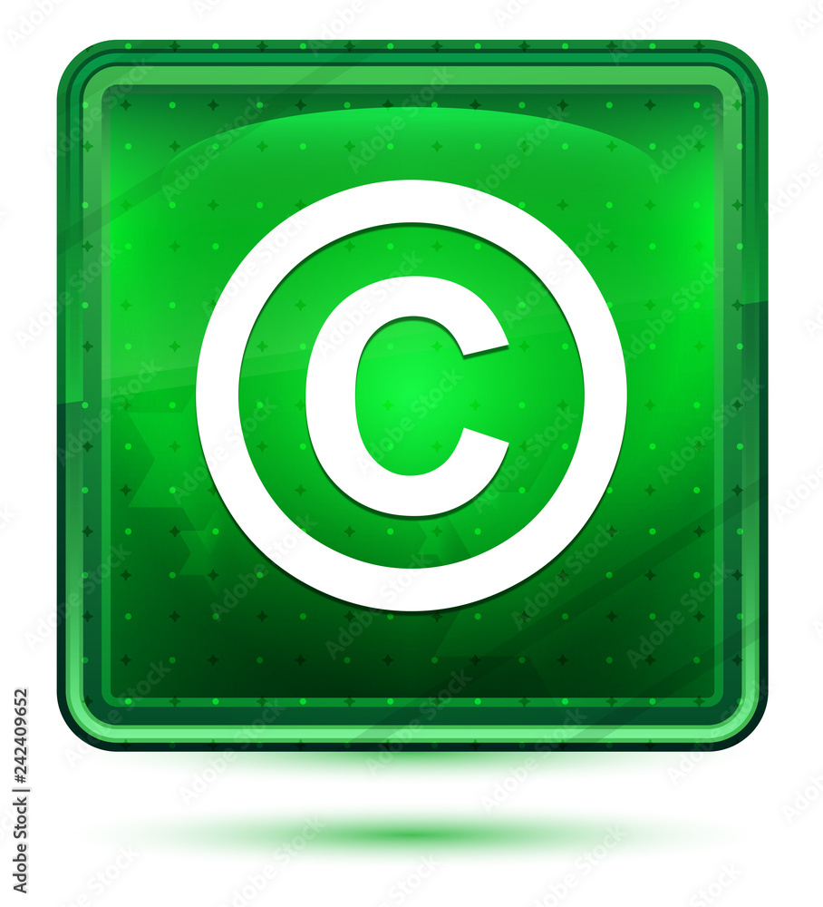 Copyright symbol icon neon light green square button Copyright symbol icon neon light green square button