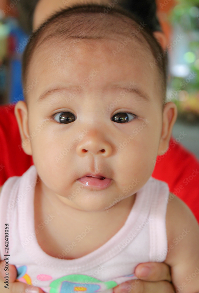 Asian little child girl looking at camera and making wondering face. Asian little child girl looking at camera and making wondering face.