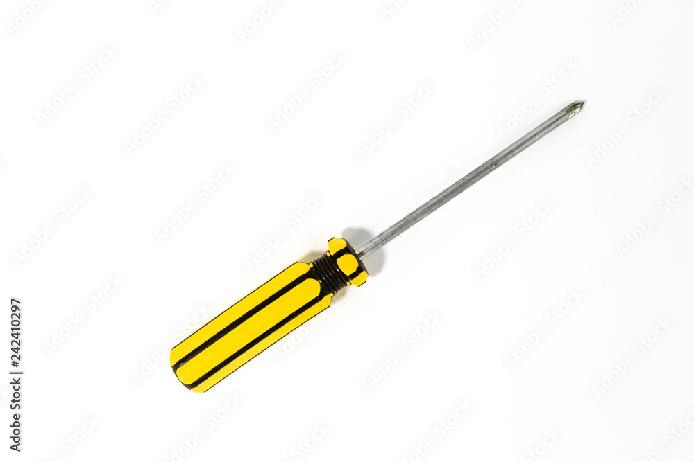 Yellow and black handle of screwdriver isolated on white background. Yellow and black handle of screwdriver isolated on white background.