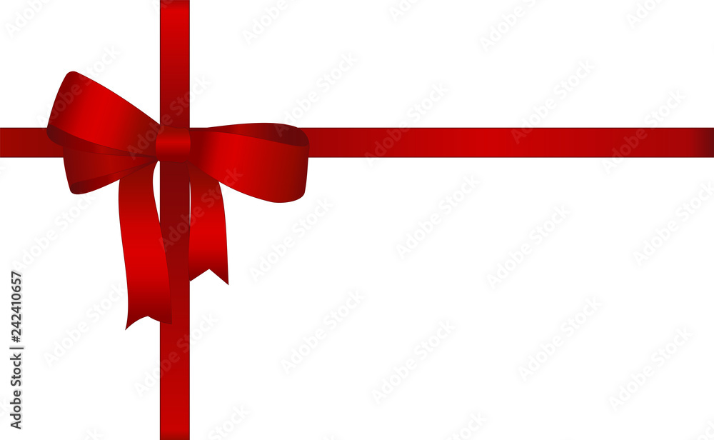 Invitation, Greeting or Gift Card With Red Ribbon And A Bow on white background. Gift Voucher Template with place for text. Invitation, Greeting or Gift Card With Red Ribbon And A Bow on white background. Gift Voucher Template with place for text.
