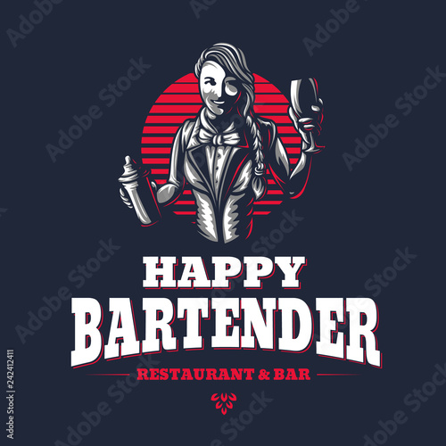 Happy woman bartender or barman young girl at work silhouette with shaker in old engraved style retro vintage graphic design logo template stamp isolated on black background Vector illustration emblem