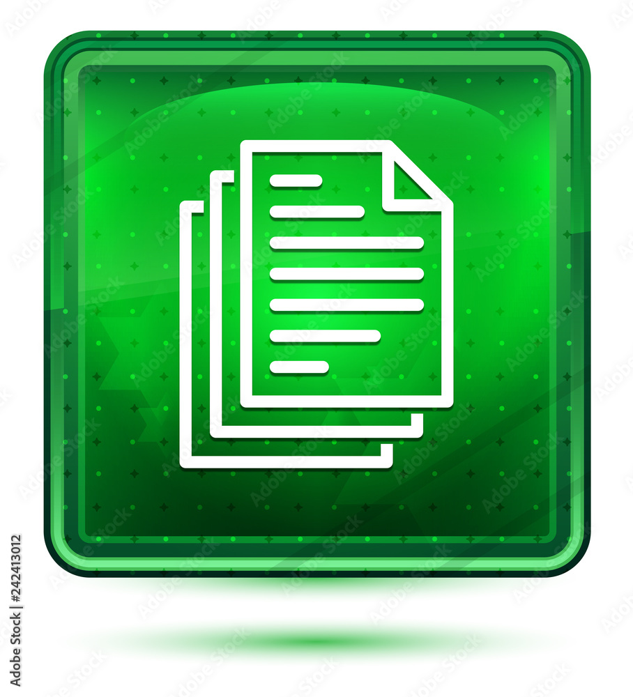 Page documents icon neon light green square button Page documents icon neon light green square button