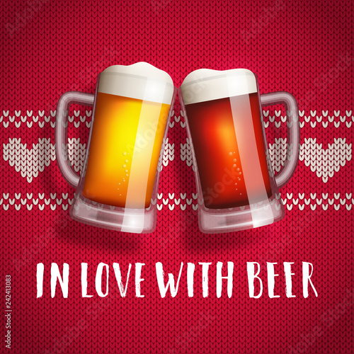 Beer valentine poster. Two mugs on a sweater background. Vintage hearts knit pattern. In love with beer hand drawn lettering. Valentine's day greeting card for bar or pub