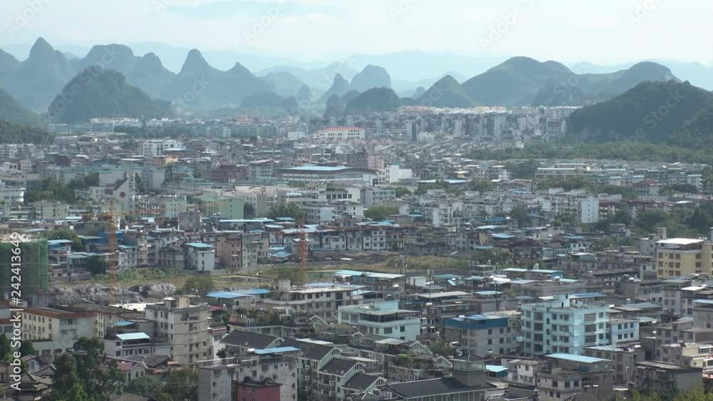GUILIN, CHINA - CIRCA NOVEMBER 2018 : LANDSCAPE of GUILIN. View from top of DIECAI SHAN (FOLDING BROCADE HILL). GUILIN, CHINA - CIRCA NOVEMBER 2018 : LANDSCAPE of GUILIN. View from top of DIECAI SHAN (FOLDING BROCADE HILL).
