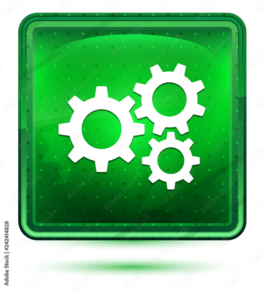 Settings gears icon neon light green square button Settings gears icon neon light green square button
