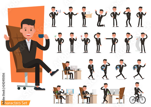 Set of business people wearing brown suit and working character vector design. Presentation in various action with emotions, running, standing and walking.