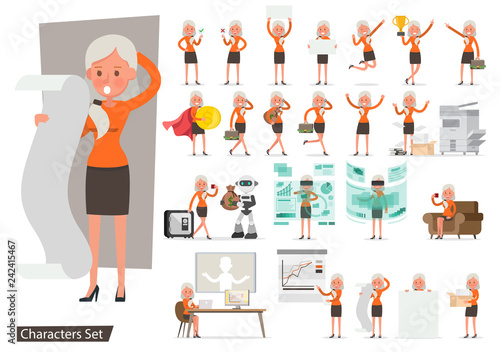Set of businesswoman worker character vector design. Presentation in various action with emotions, running, standing, walking and working. no2
