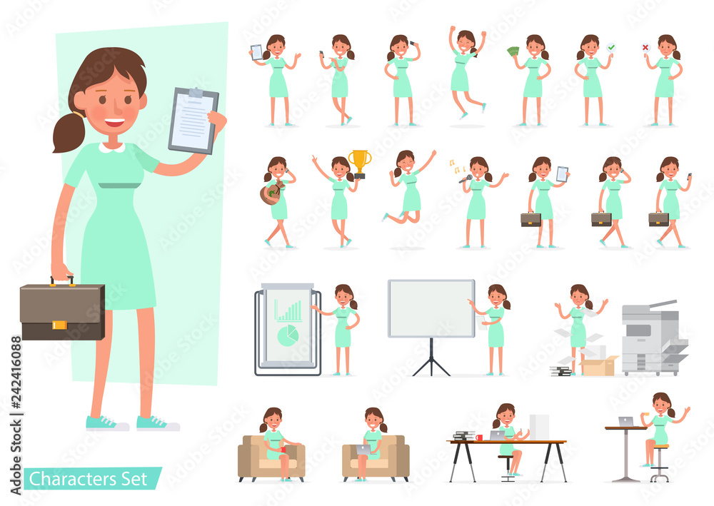 Worker woman character vector design. Presentation in various action with emotions, running, standing, walking and working. no2