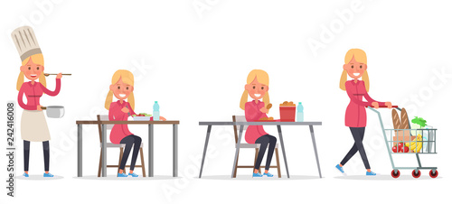 teen girl shopping cooking and eating character vector design