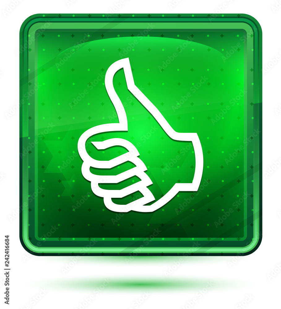 Thumbs up icon neon light green square button Thumbs up icon neon light green square button