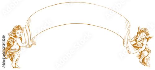 angels or cupid are holding a blank sheet of messages isolated hand drawn vector llustration sketch
