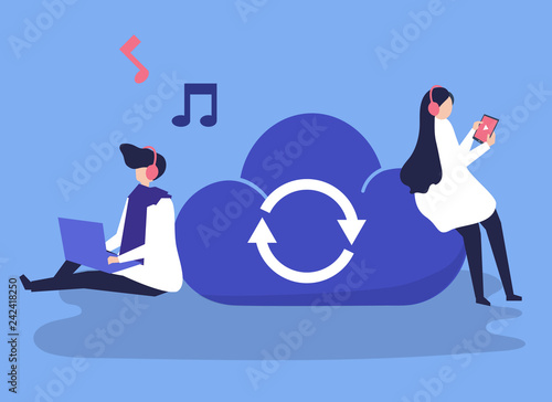 Characters of a couple sharing and listening to music illustration