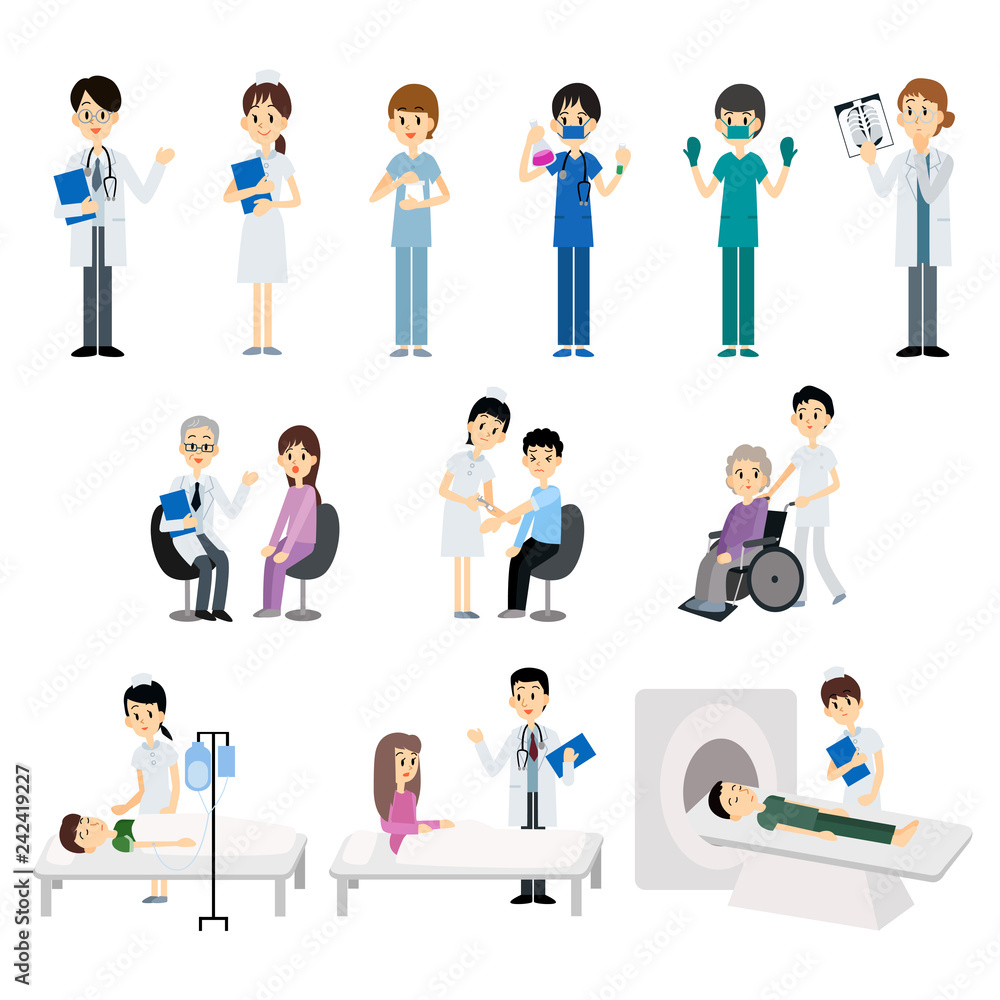 Medical doctor and nurse with patient treatment and examination. Vector illustration.