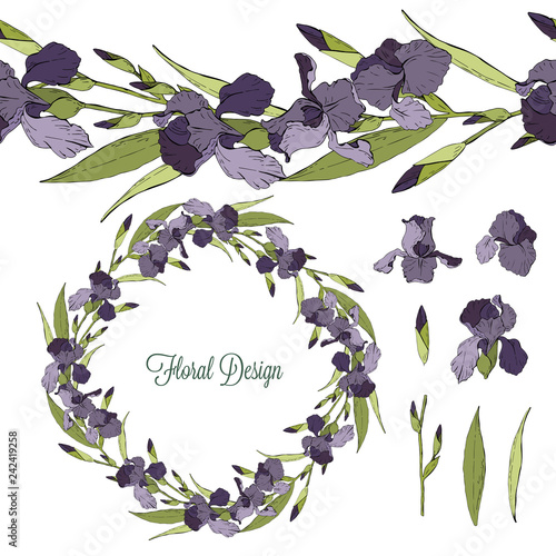 Fototapeta Naklejka Na Ścianę i Meble -  Set of iris floral elements isolated on white background, wreath and seamless brush of flowers, vector