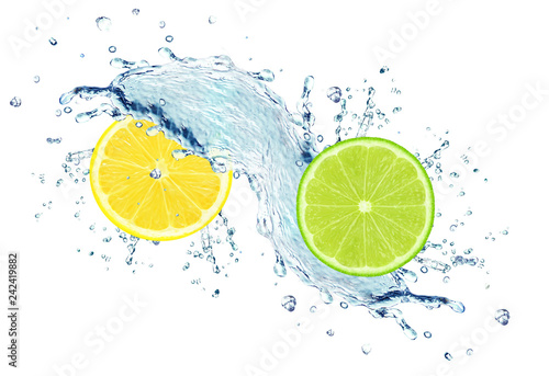 lime and lemon slice water splash isolated on white