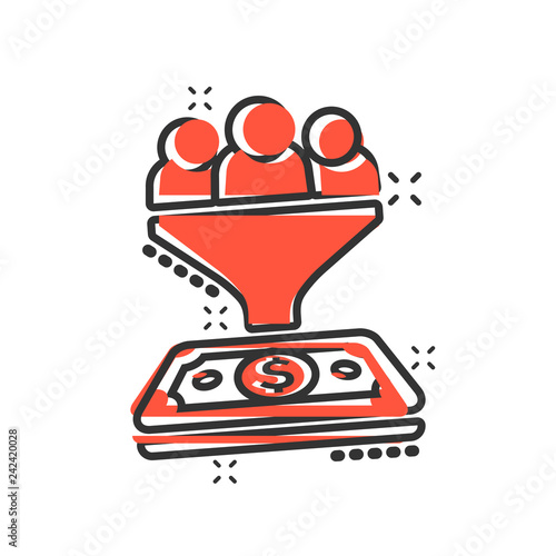 Lead management icon in comic style. Funnel with people, money vector cartoon illustration pictogram. Target client business concept splash effect.