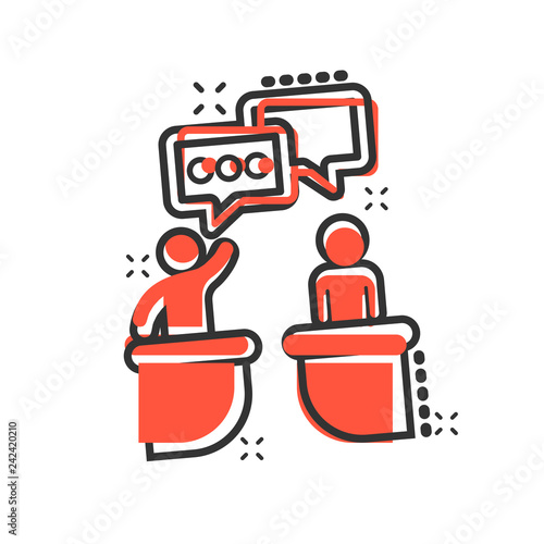 Politic debate icon in comic style. Presidential debates vector cartoon illustration pictogram. Businessman discussion business concept splash effect.