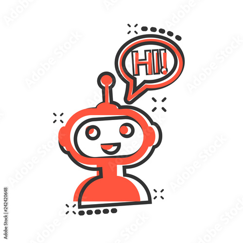 Cute robot chatbot icon in comic style. Bot operator vector cartoon illustration pictogram. Smart chatbot character business concept splash effect.