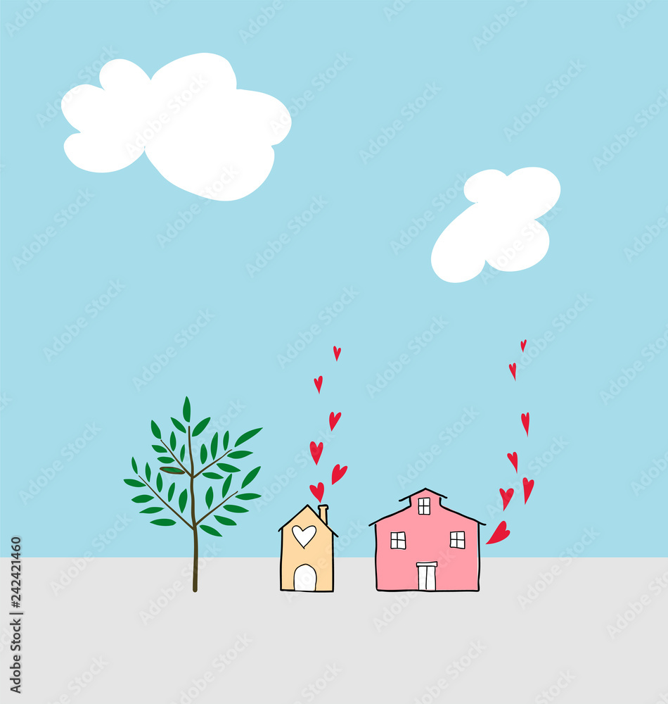 vector hand drawn houses with hearts and tree on sky background