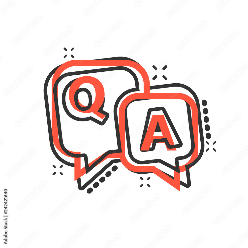 Question and answer icon in comic style. Discussion speech bubble vector cartoon illustration pictogram. Question, answer business concept splash effect. Question and answer icon in comic style. Discussion speech bubble vector cartoon illustration pictogram. Question, answer business concept splash effect.