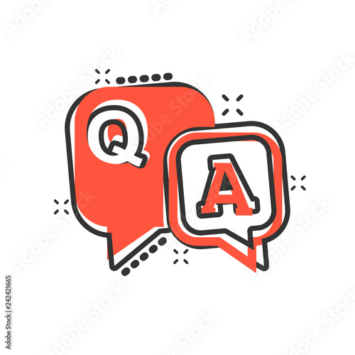 Question and answer icon in comic style. Discussion speech bubble vector cartoon illustration pictogram. Question, answer business concept splash effect.